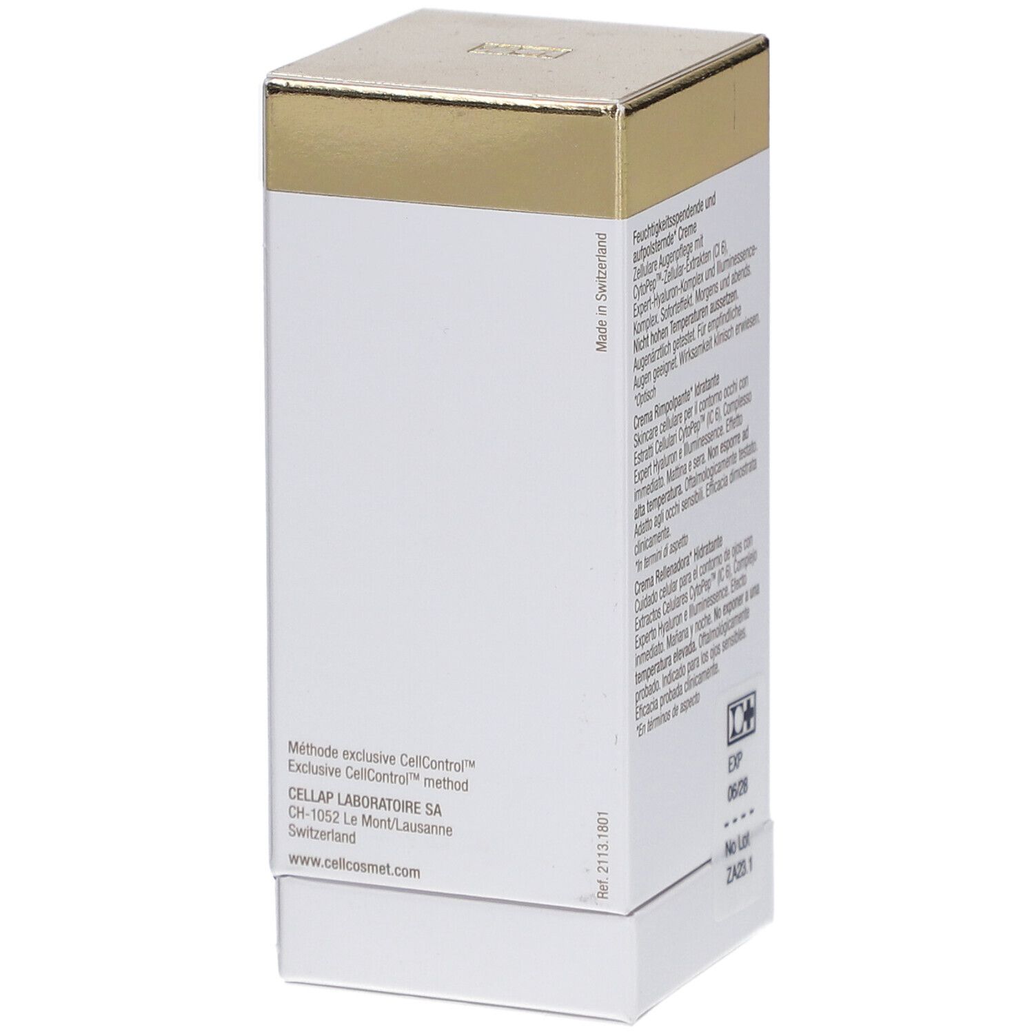 Scatola bianca e dorata. Testo in tedesco e francese. Scritta: Cellcosmet.