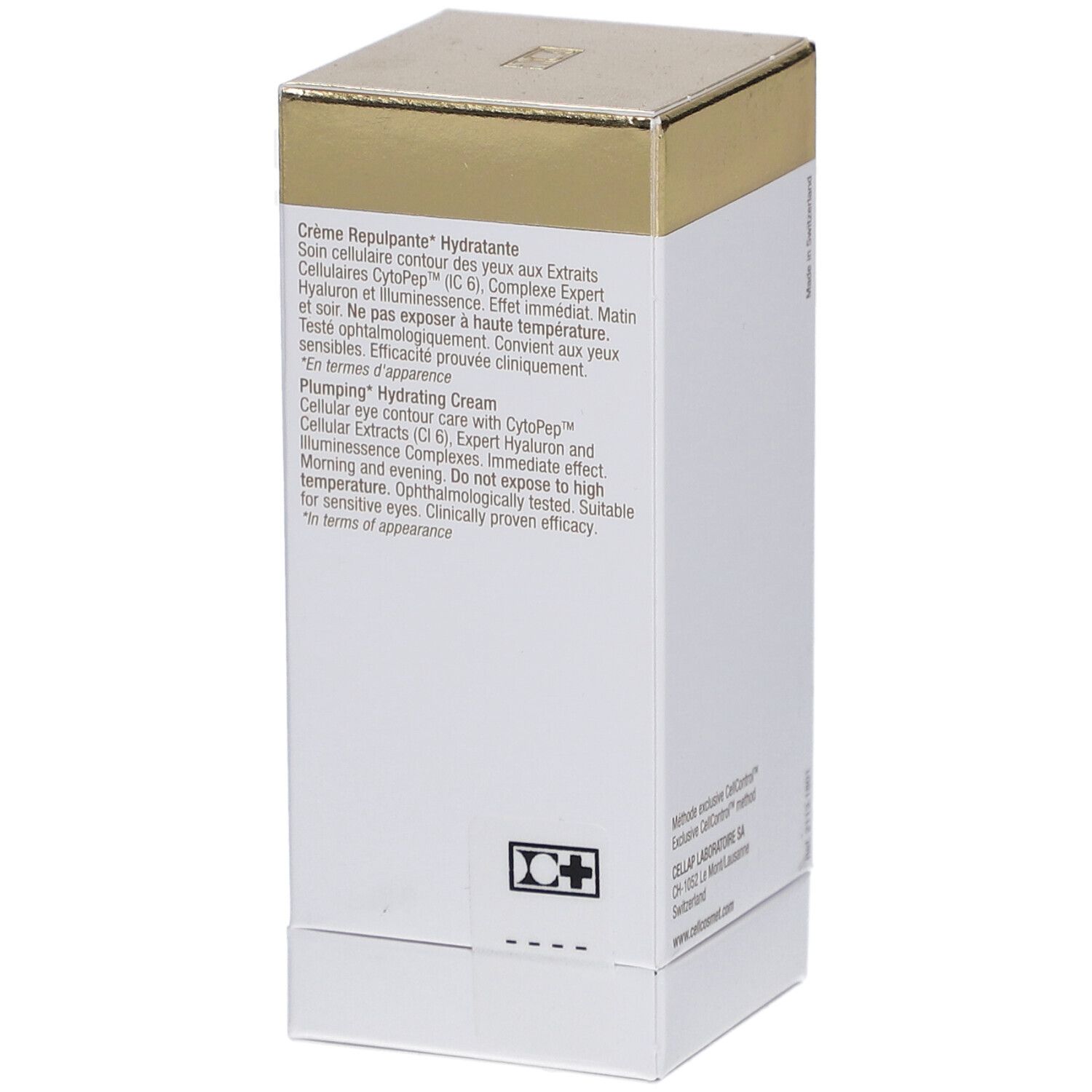 Scatola bianca e dorata. Testo in tedesco e inglese. Scritta: Cellcosmet.