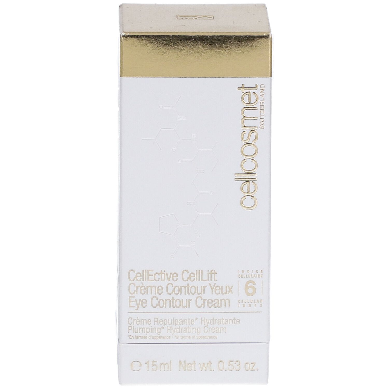 Scatola bianca e dorata. Scritta: Cellcosmet, CellEctive CellLift Crème Contour Yeux Eye Contour Cream.