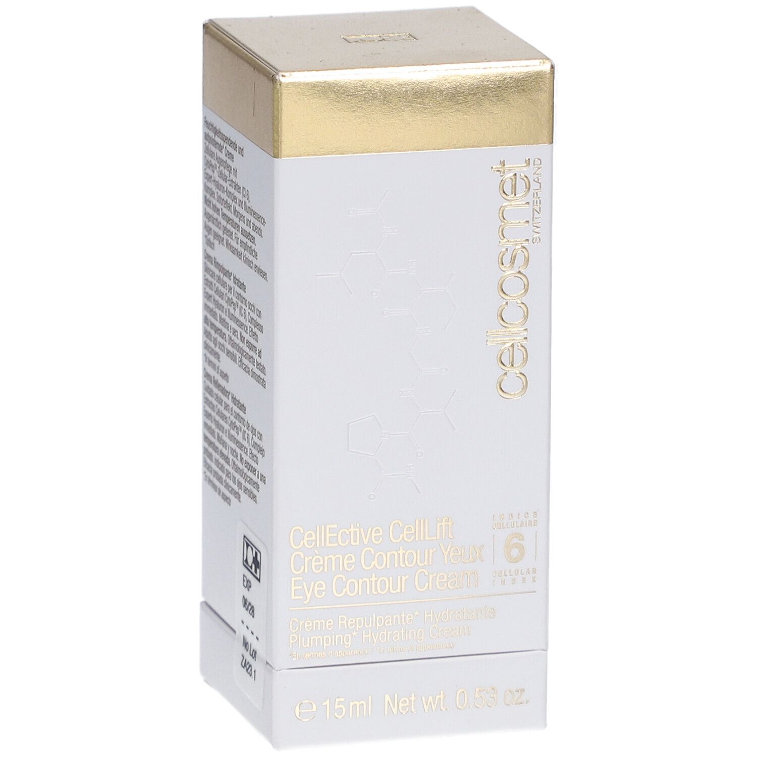 Scatola bianca e dorata. Scritta: Cellcosmet, CellEctive CellLift Crème Contour Yeux Eye Contour Cream.