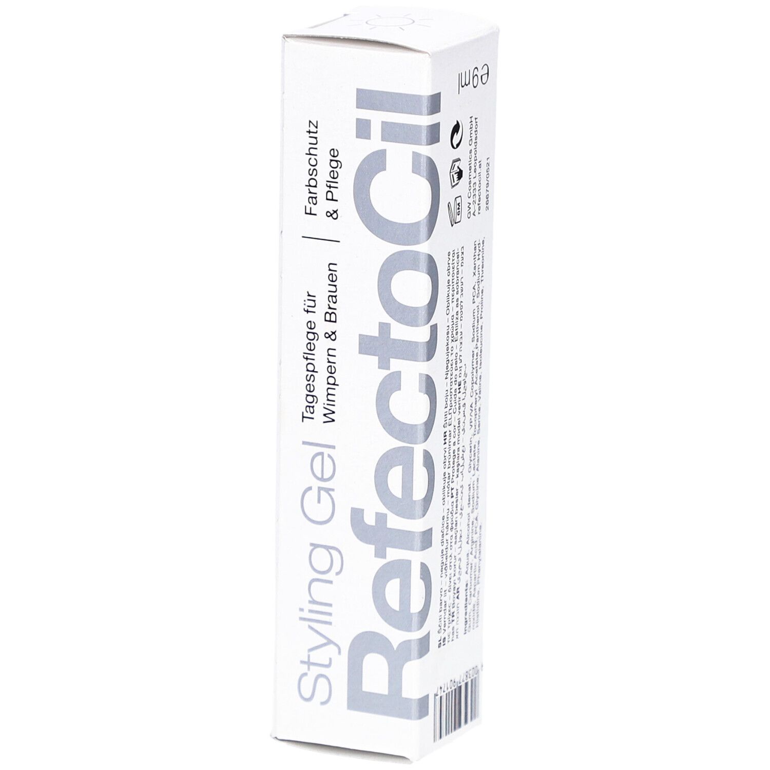 Scatola bianca RefectoCil Styling Gel. Testo: Cura quotidiana per ciglia e sopracciglia, protezione colore.