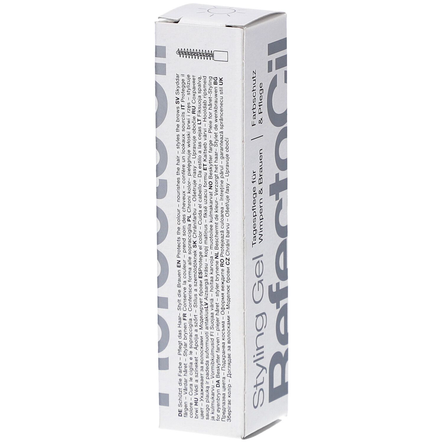 Scatola bianca RefectoCil Styling Gel. Testo: Cura quotidiana per ciglia e sopracciglia, protezione colore. Testo multilingue.