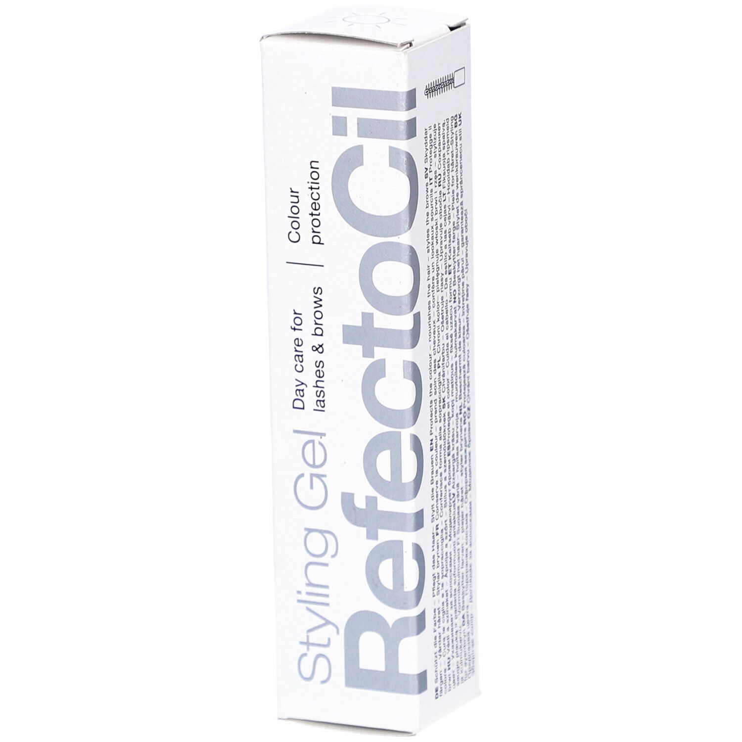 Scatola bianca RefectoCil Styling Gel. Testo: Cura quotidiana per ciglia e sopracciglia, protezione colore. Nome prodotto maiuscolo.