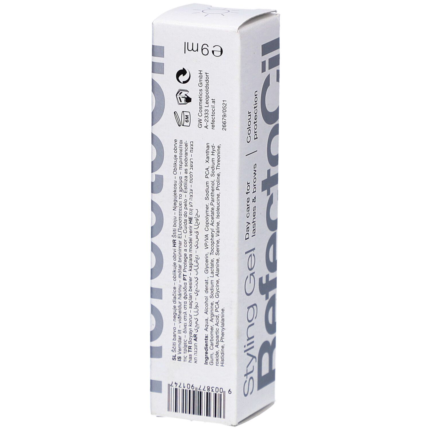 Scatola bianca RefectoCil Styling Gel. Testo: Cura quotidiana per ciglia e sopracciglia, protezione colore. Ingredienti sul retro.