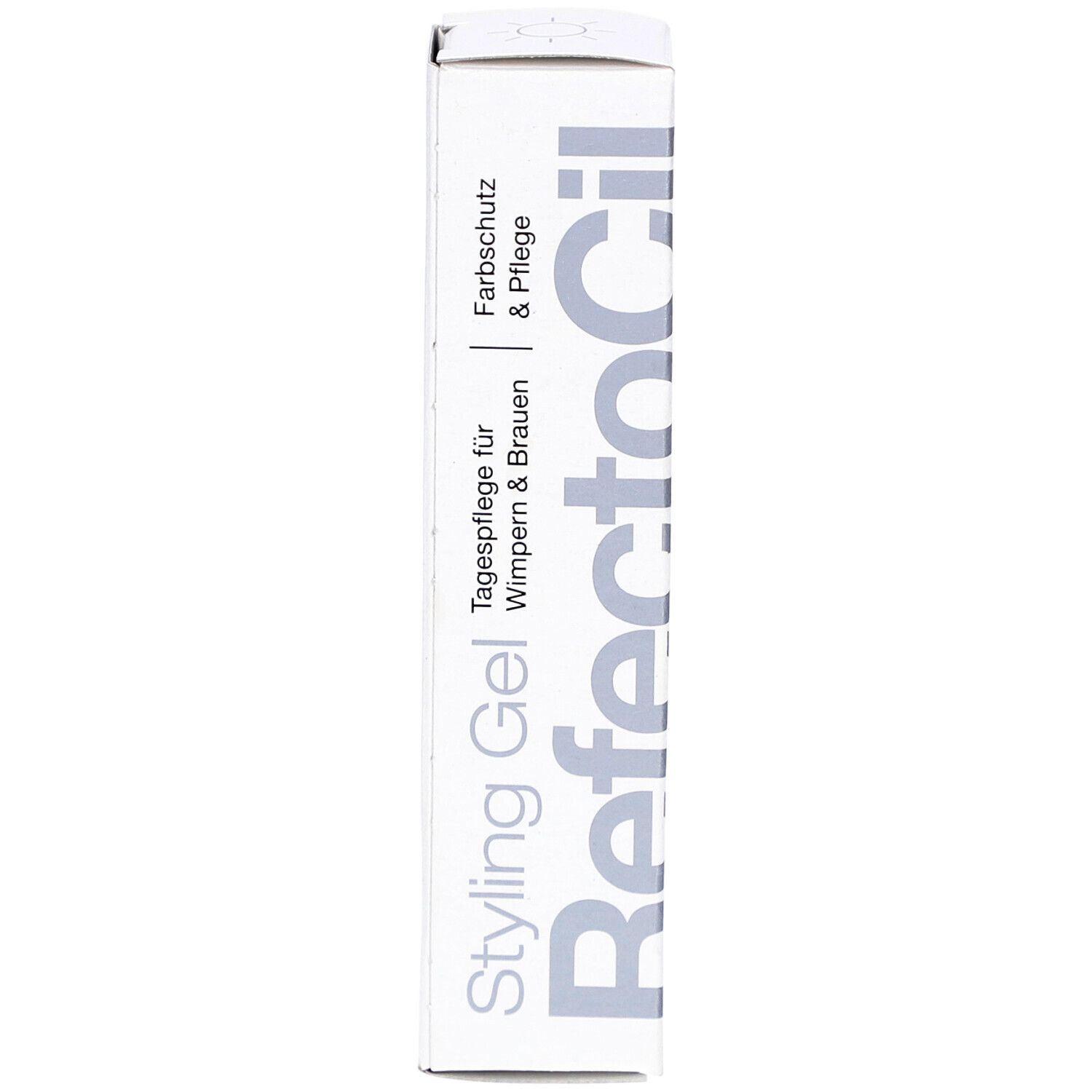 Scatola bianca RefectoCil Styling Gel. Testo: Cura quotidiana per ciglia e sopracciglia, protezione colore & cura. Prodotto verticale.