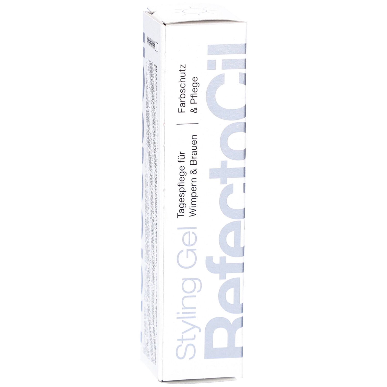 Scatola bianca RefectoCil Styling Gel. Testo: Cura quotidiana per ciglia e sopracciglia, protezione colore & cura. Prodotto verticale.