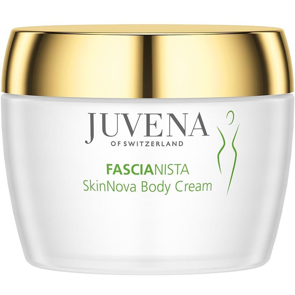 Vasetto di crema bianco con coperchio dorato. Scritta: Juvena, Fascionista SkinNova Body Cream.