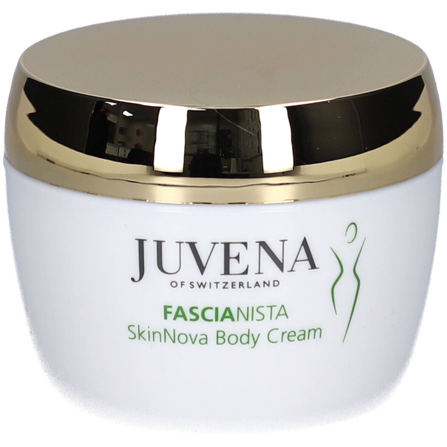 Vasetto di crema bianco con coperchio dorato. Scritta: Juvena, Fascionista SkinNova Body Cream.