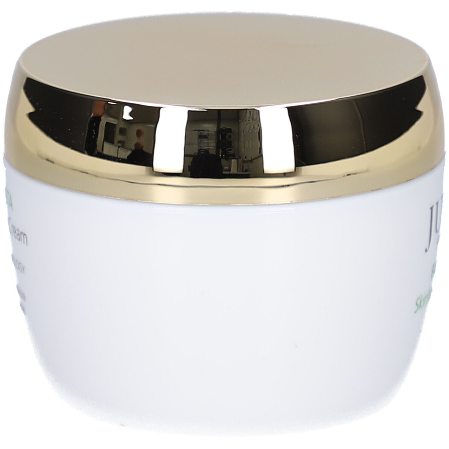 Vasetto di crema bianco con coperchio dorato. Scritta: Juvena, Fascionista SkinNova Body Cream.