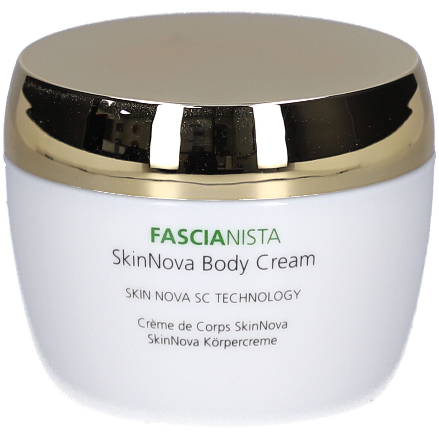 Vasetto di crema bianco con coperchio dorato. Scritta: Juvena, Fascionista SkinNova Body Cream.