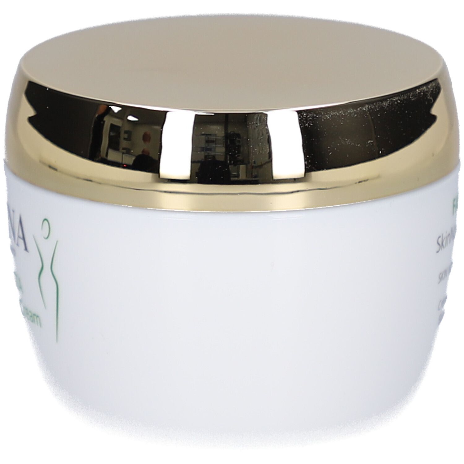 Vasetto di crema bianco con coperchio dorato. Scritta: Juvena, Fascionista SkinNova Body Cream.