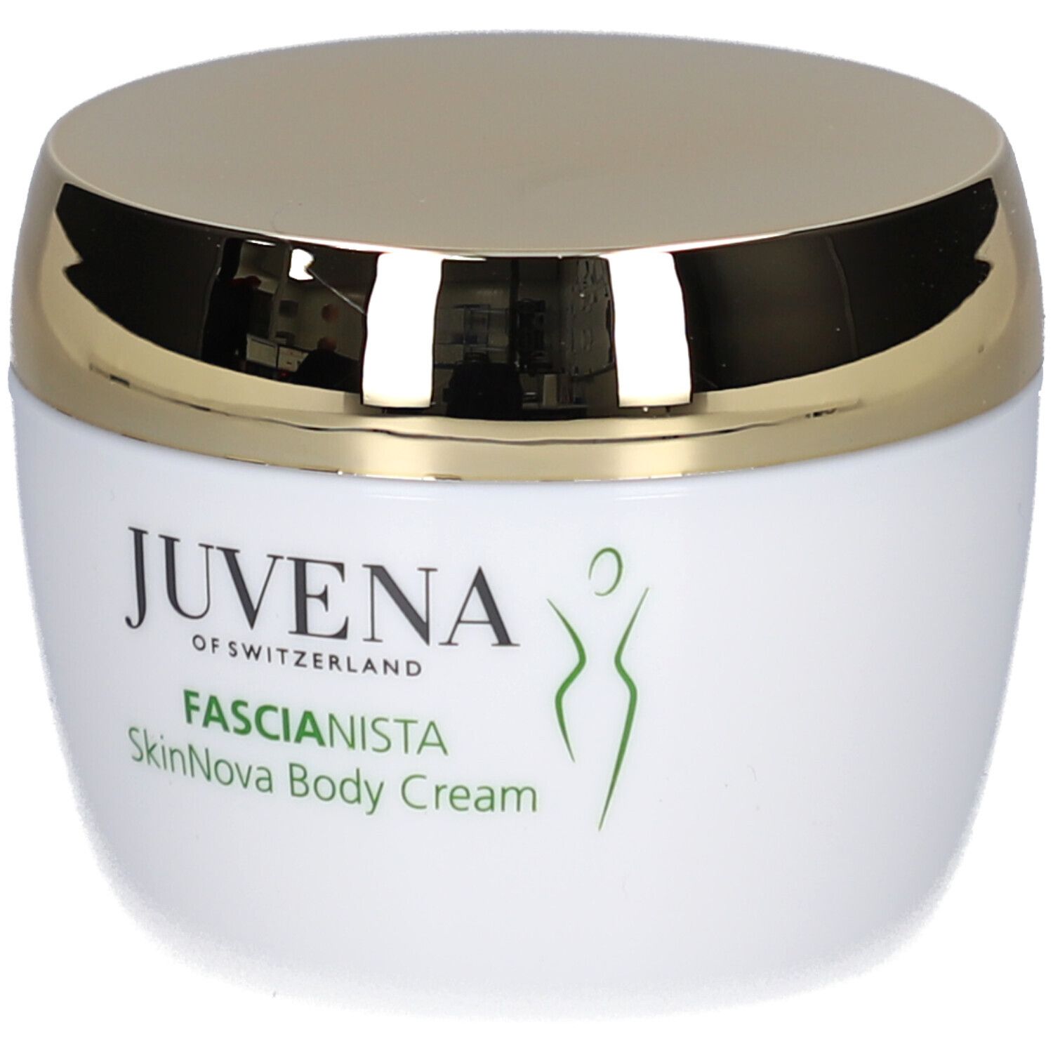 Vasetto di crema bianco con coperchio dorato. Scritta: Juvena, Fascionista SkinNova Body Cream.