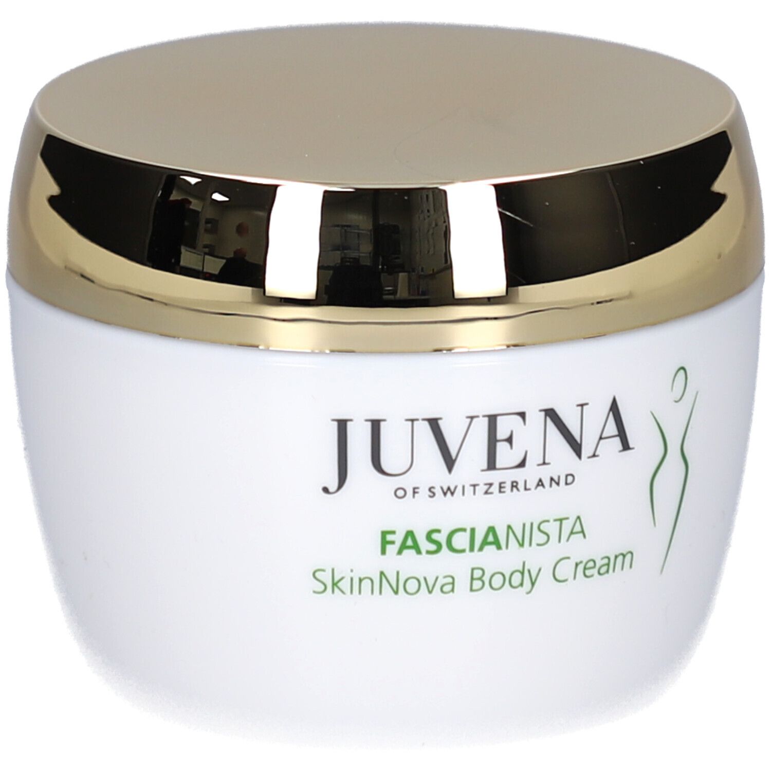 Vasetto di crema bianco con coperchio dorato. Scritta: Juvena, Fascionista SkinNova Body Cream.