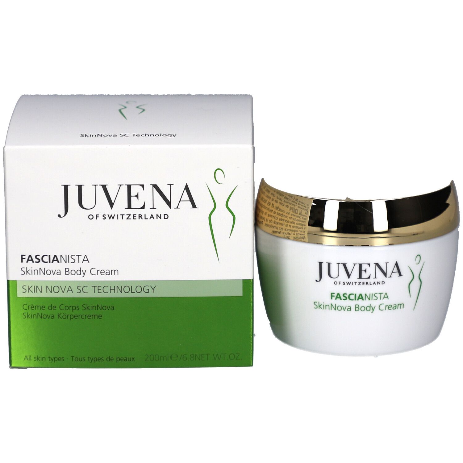 Confezione e vasetto di crema. Scritta: Juvena, Fascionista SkinNova Body Cream.