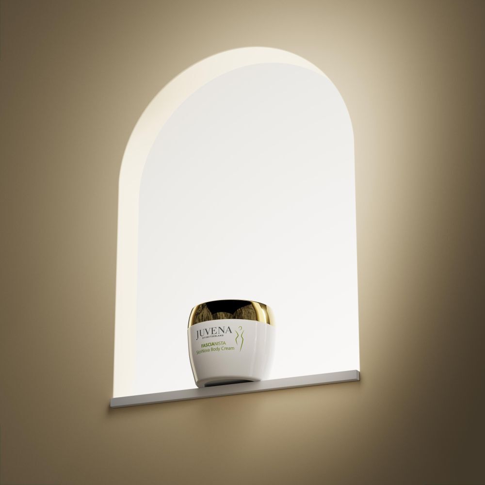 Vasetto di crema in una nicchia. Bianco con coperchio dorato. Scritta: Juvena, Fascionista.