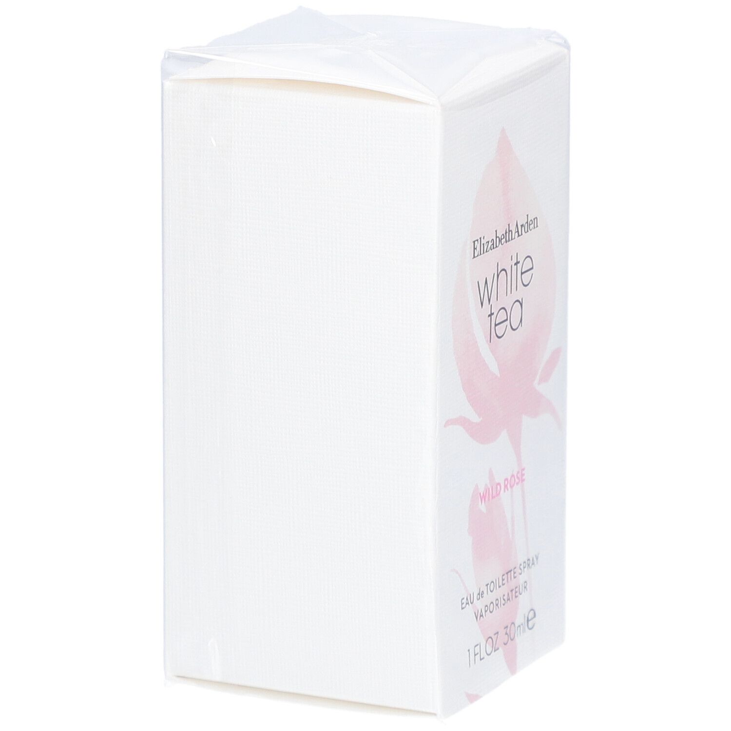 Scatola bianca rettangolare. Scritta: Elizabeth Arden White Tea Wild Rose. 1 FL.OZ. 30ml.