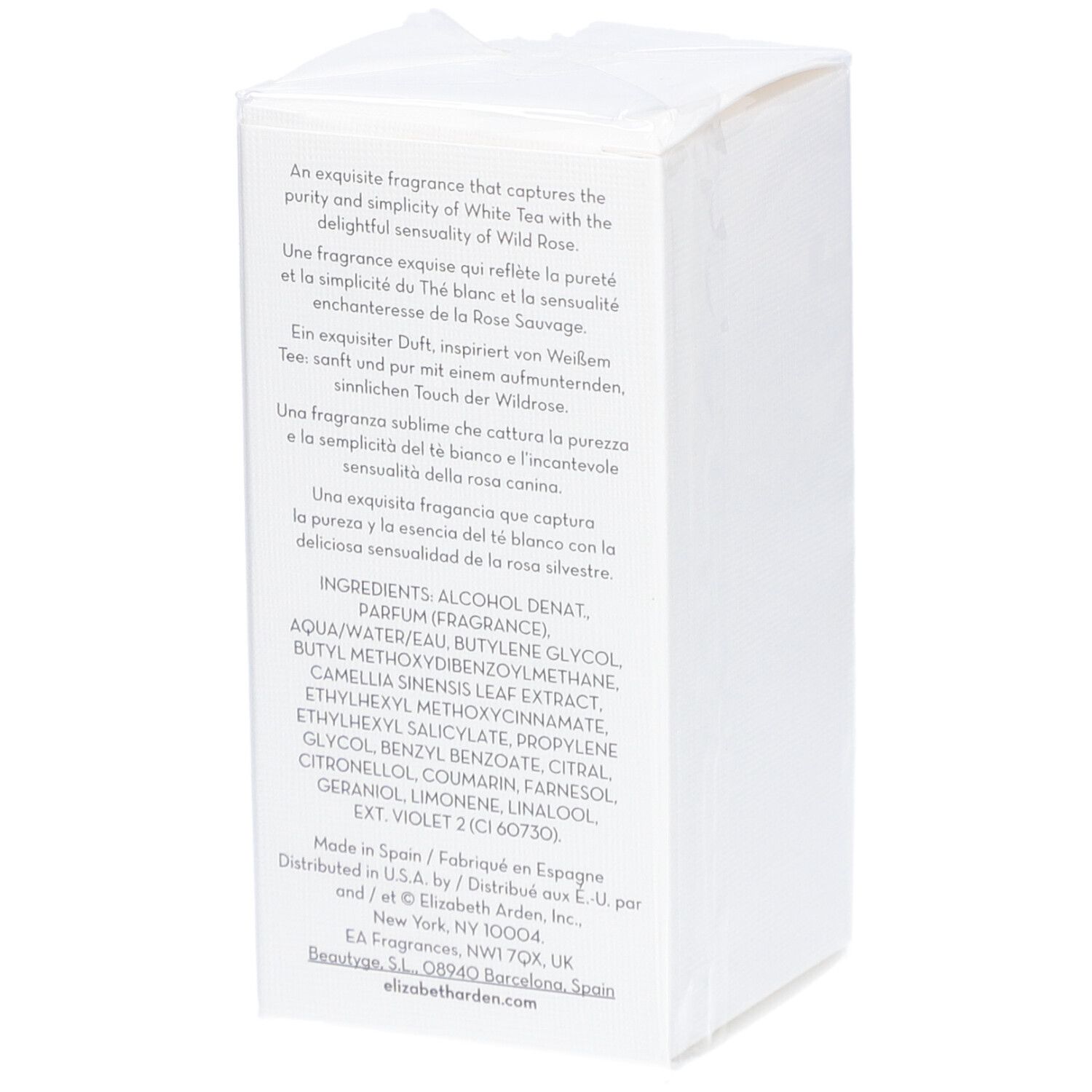 Retro di una scatola bianca. Testo: ingredienti, informazioni produttore, Elizabeth Arden.
