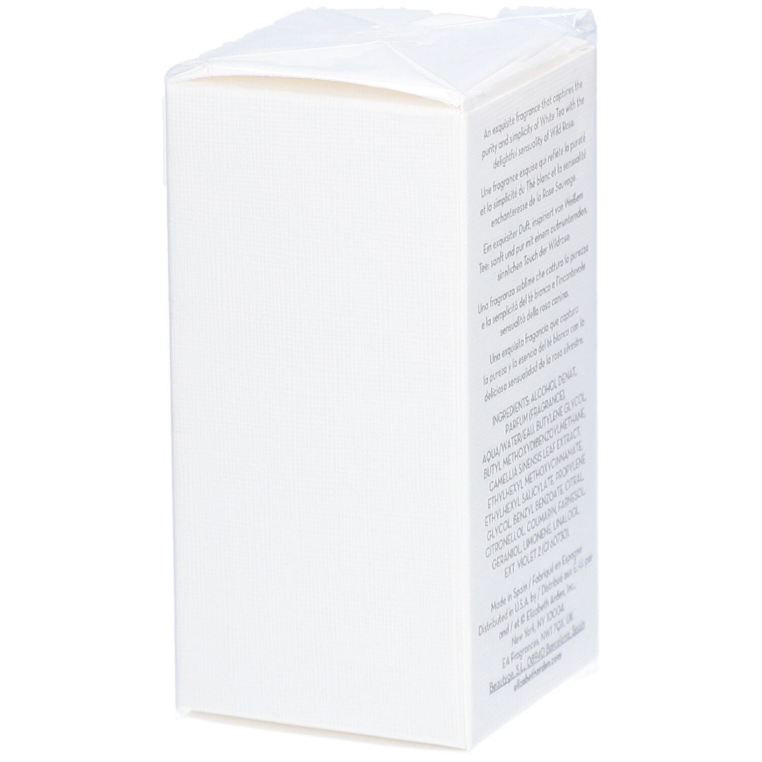 Retro di una scatola bianca. Testo: ingredienti, informazioni produttore, Elizabeth Arden.