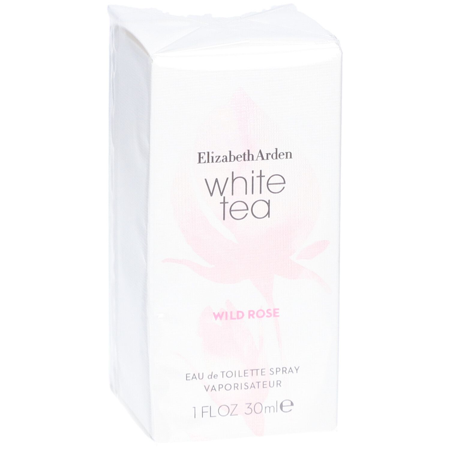Scatola bianca rettangolare. Scritta: Elizabeth Arden White Tea Wild Rose. 1 FL.OZ. 30ml.