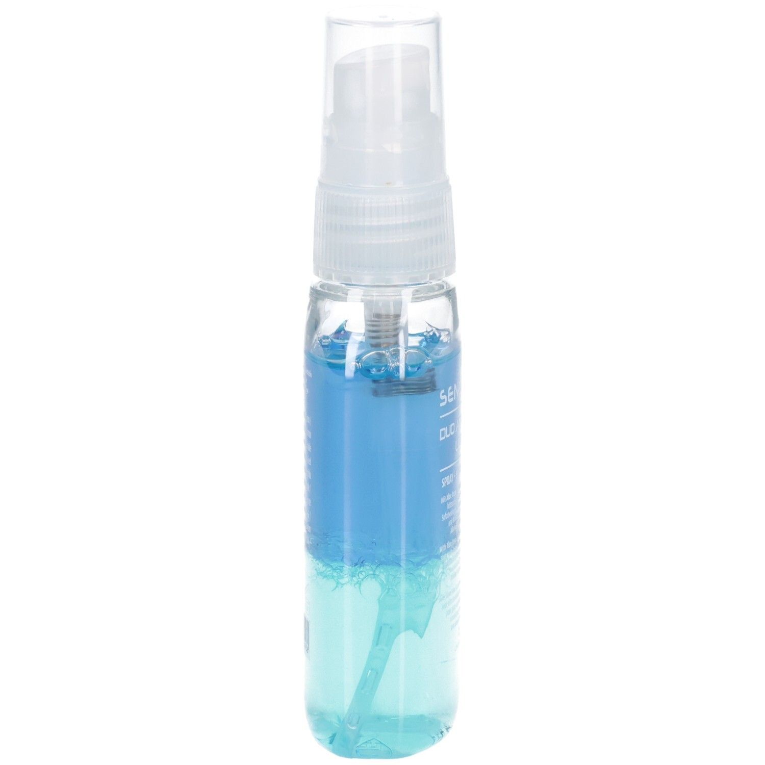 Flacone stretto e trasparente con spruzzatore. Liquido blu all'interno. Etichetta del prodotto.
