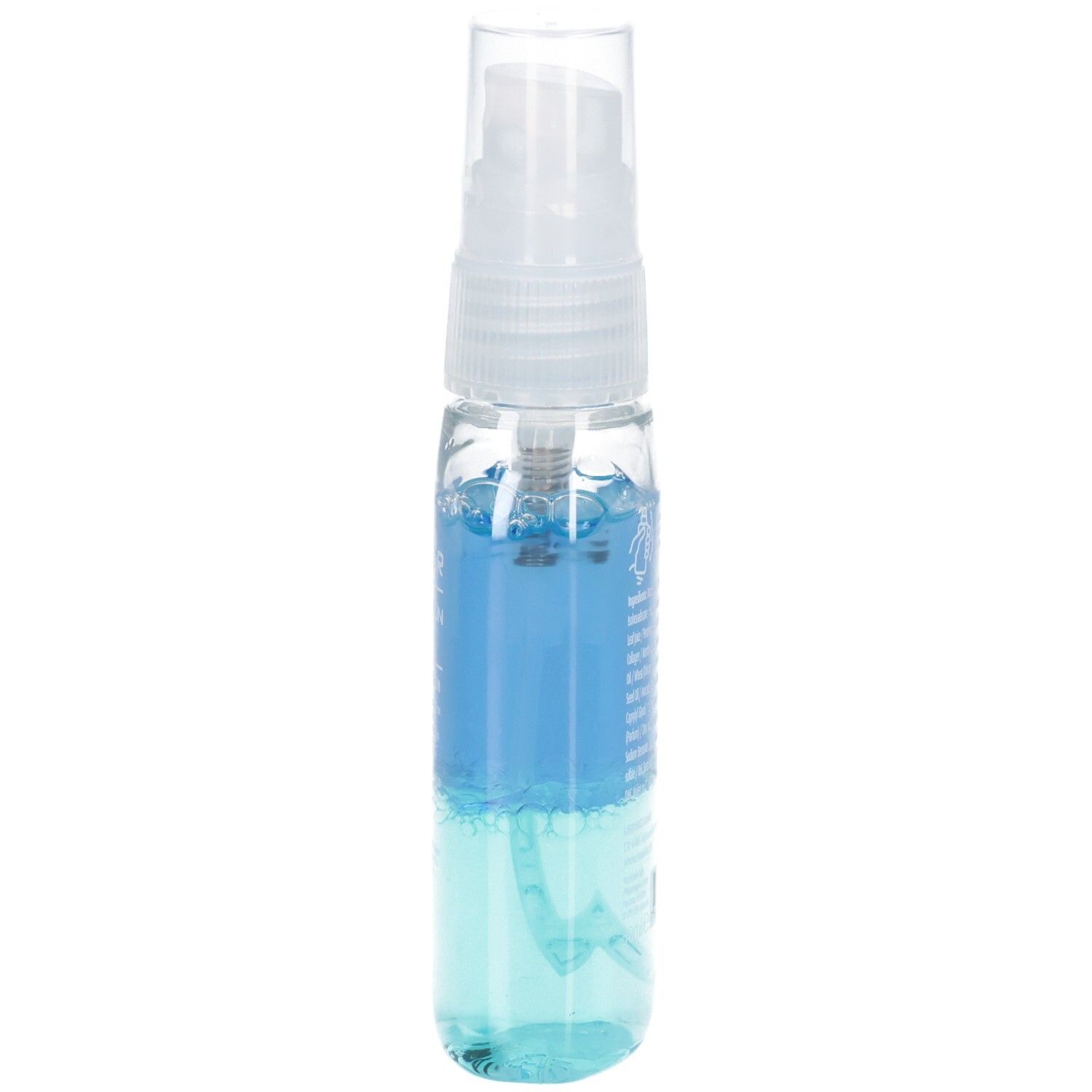 Flacone stretto e trasparente con spruzzatore. Liquido blu all'interno. Etichetta del prodotto.