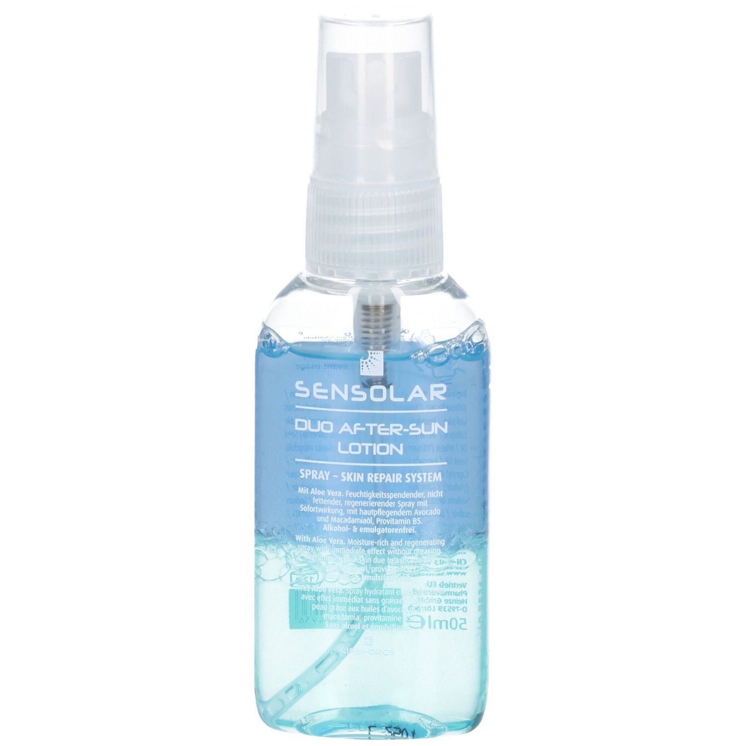 Flacone trasparente con spruzzatore. Scritta: Sensolar Duo After-Sun Lotion. Liquido blu visibile.