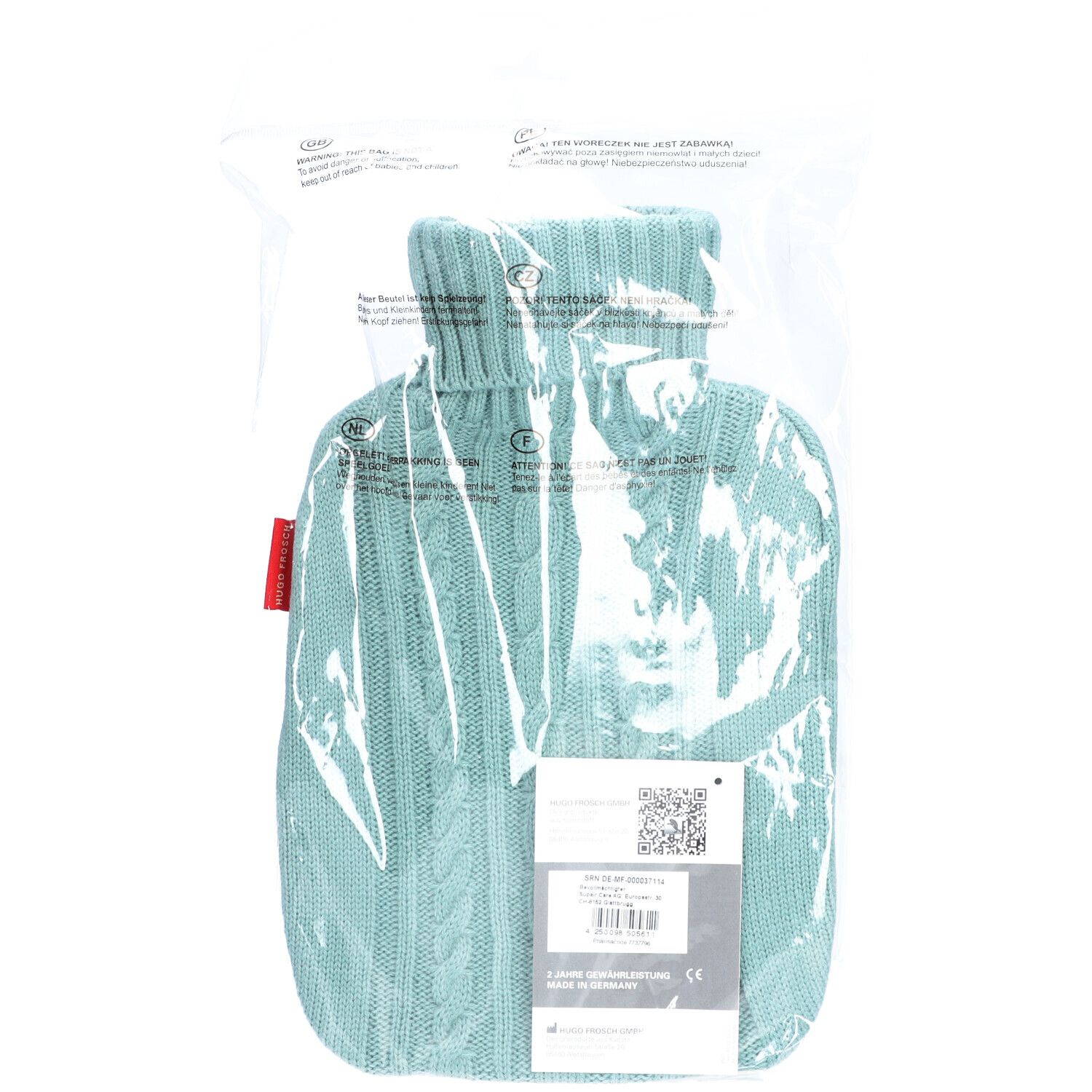 Borsa dell'acqua calda con rivestimento in maglia blu pastello, confezionata. Etichetta con informazioni sul prodotto visibile.