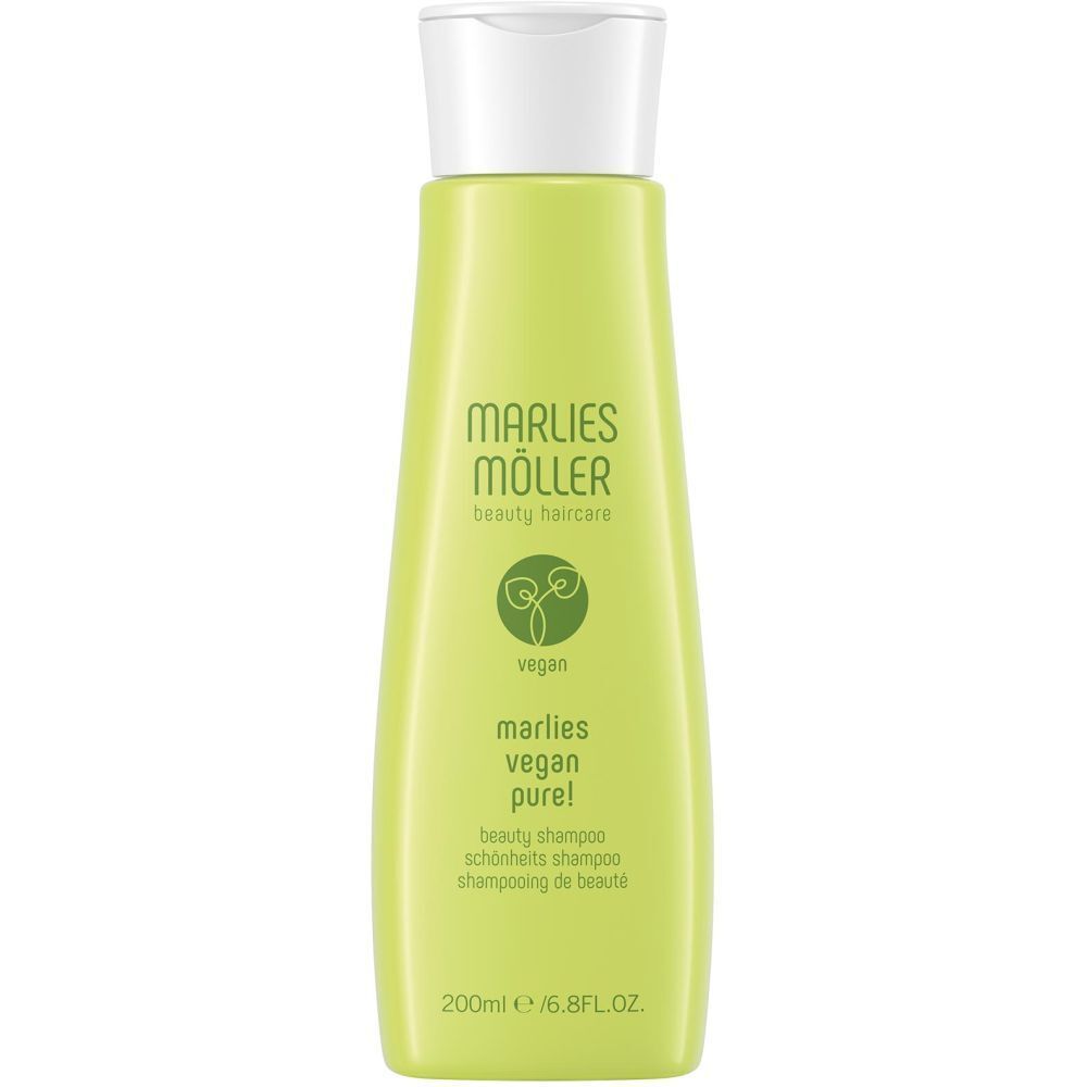 Flacone di shampoo verde con tappo bianco. Scritta: Marlies Möller, Vegan Pure! Shampoo per capelli.