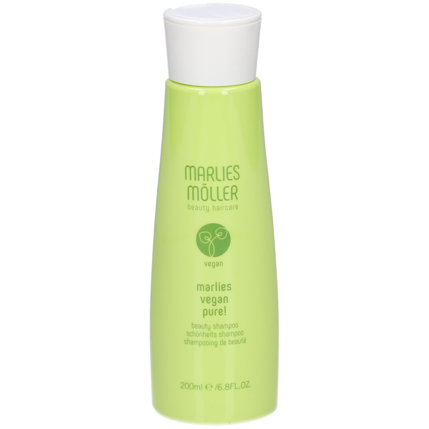 Flacone di shampoo verde con tappo bianco. Scritta: Marlies Möller, vegan pure!. 200ml/6.8 fl.oz.