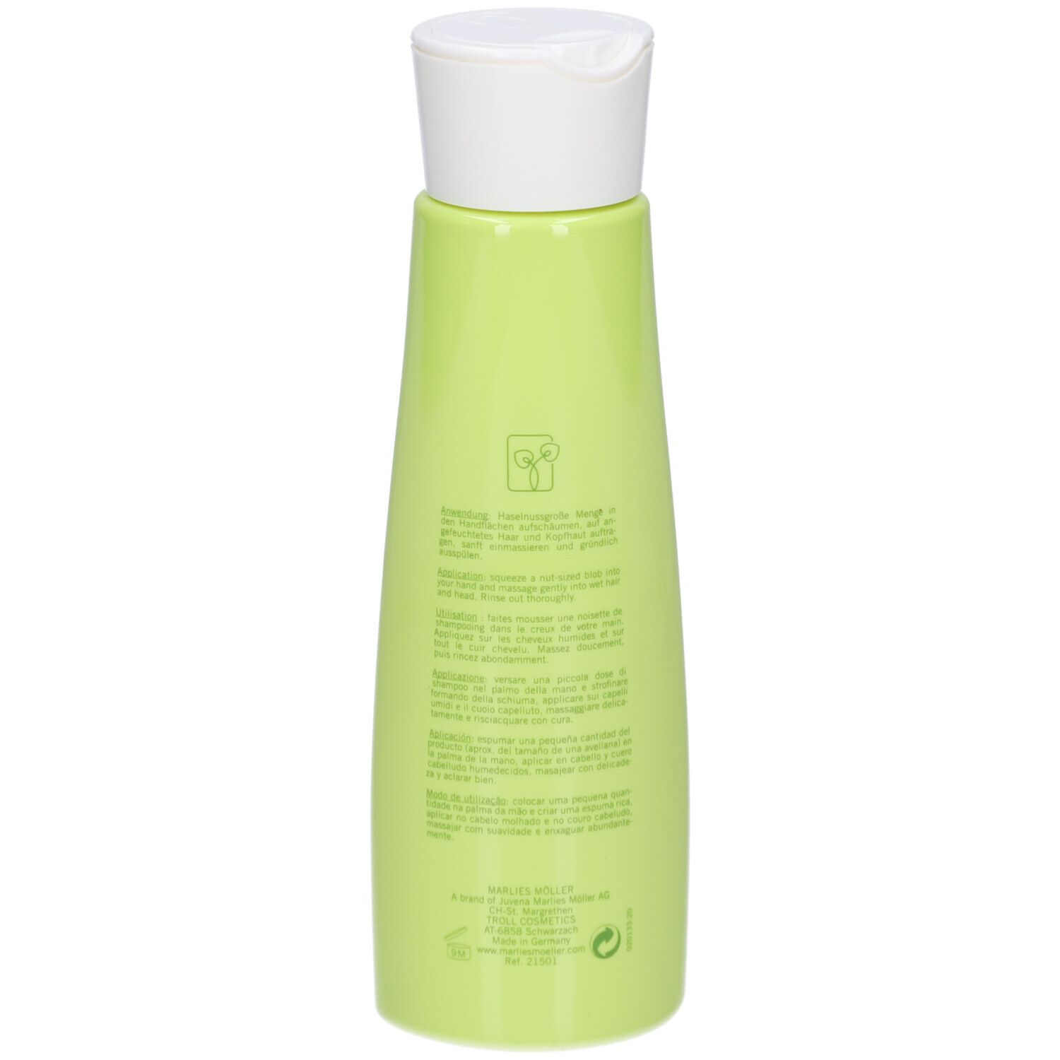 Retro di un flacone di shampoo verde con tappo bianco. Testo e logo. Sigillo vegano.