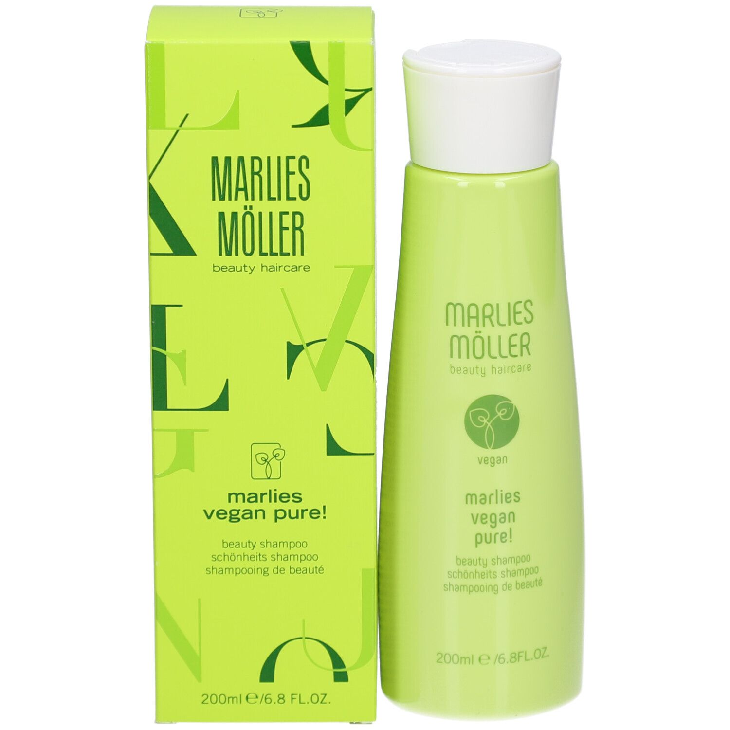 Scatola e flacone verdi. Scritta: Marlies Möller, vegan pure!. 200ml/6.8 fl.oz. Logo e testo.
