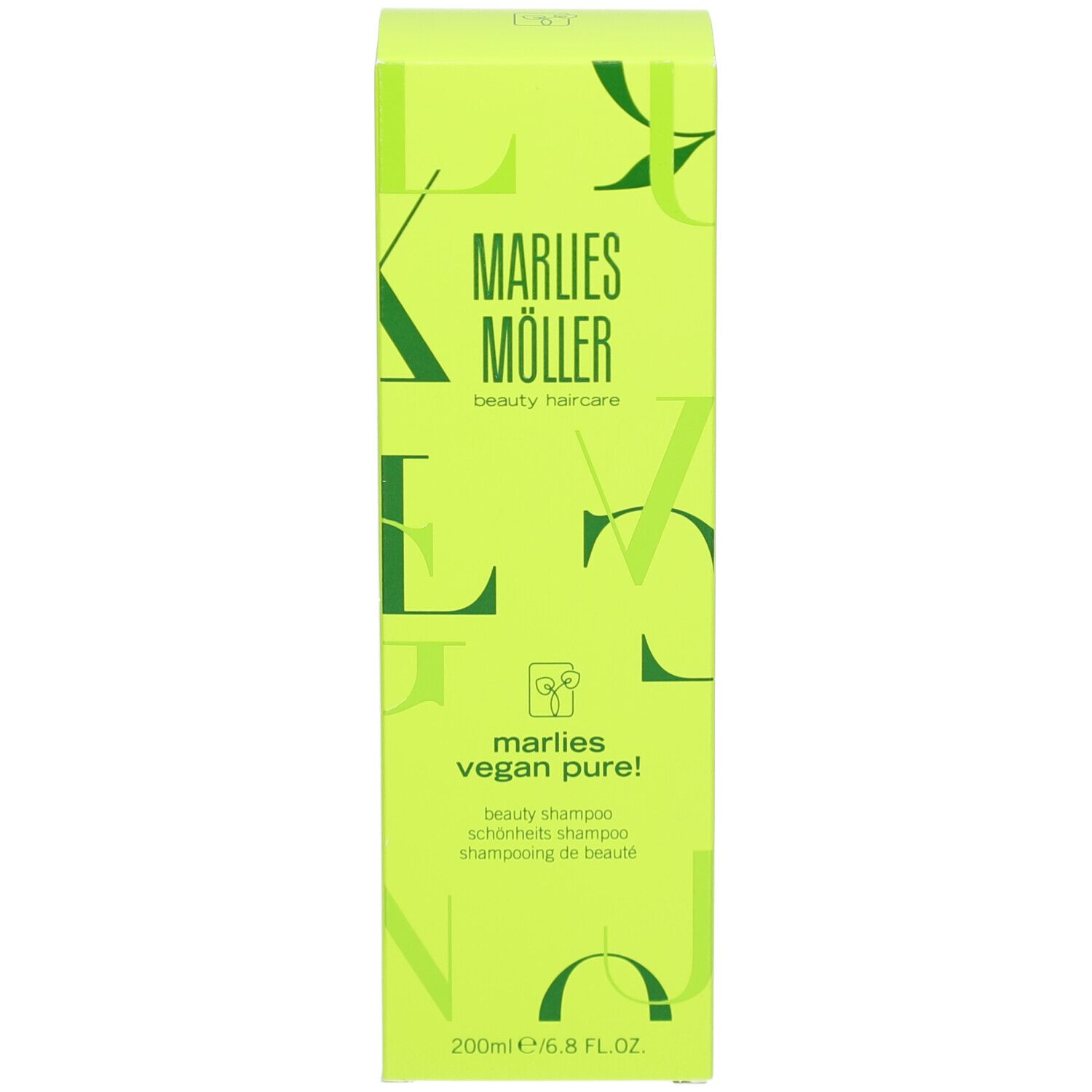 Scatola verde. Scritta: Marlies Möller, vegan pure!. 200ml/6.8 fl.oz. Logo e testo.