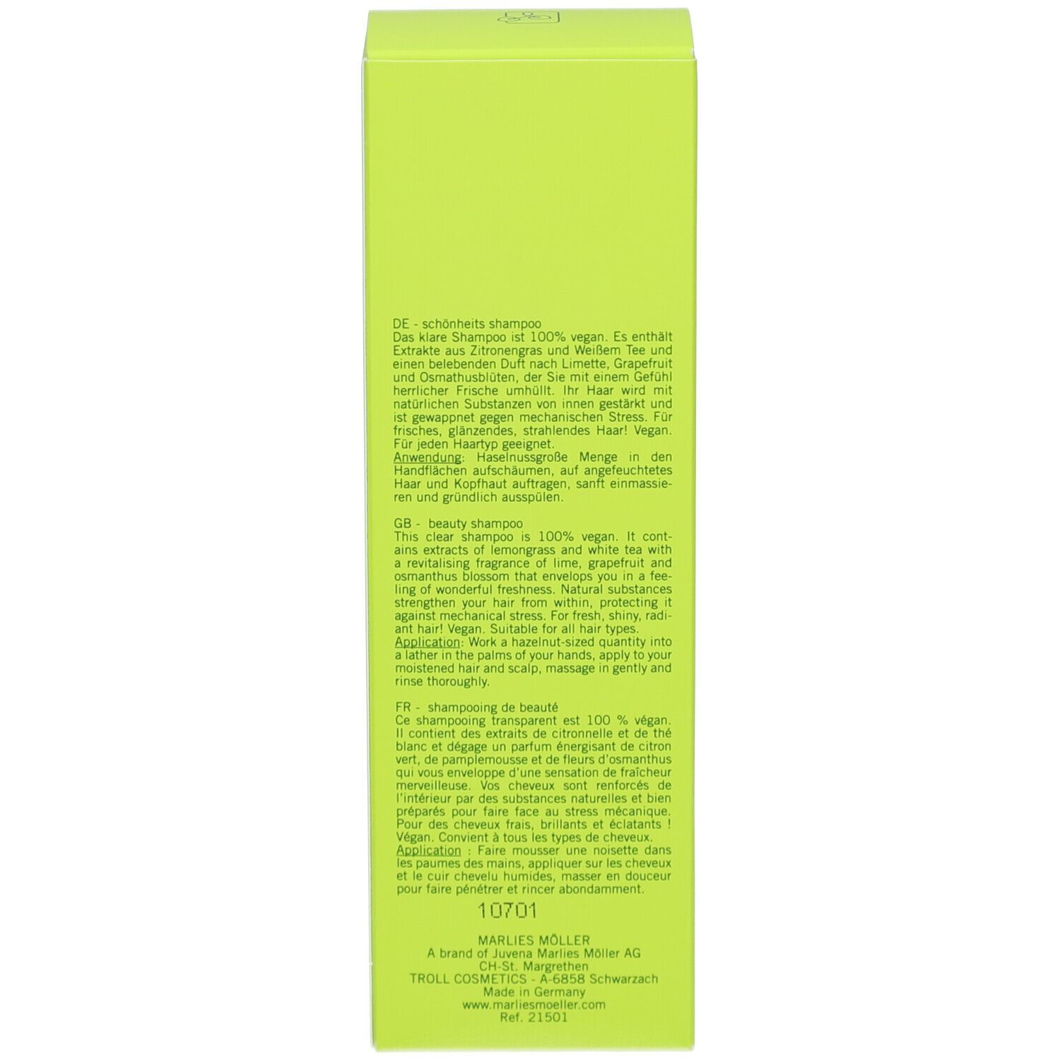 Scatola verde. Testo in tedesco, inglese e francese. Informazioni sul prodotto.