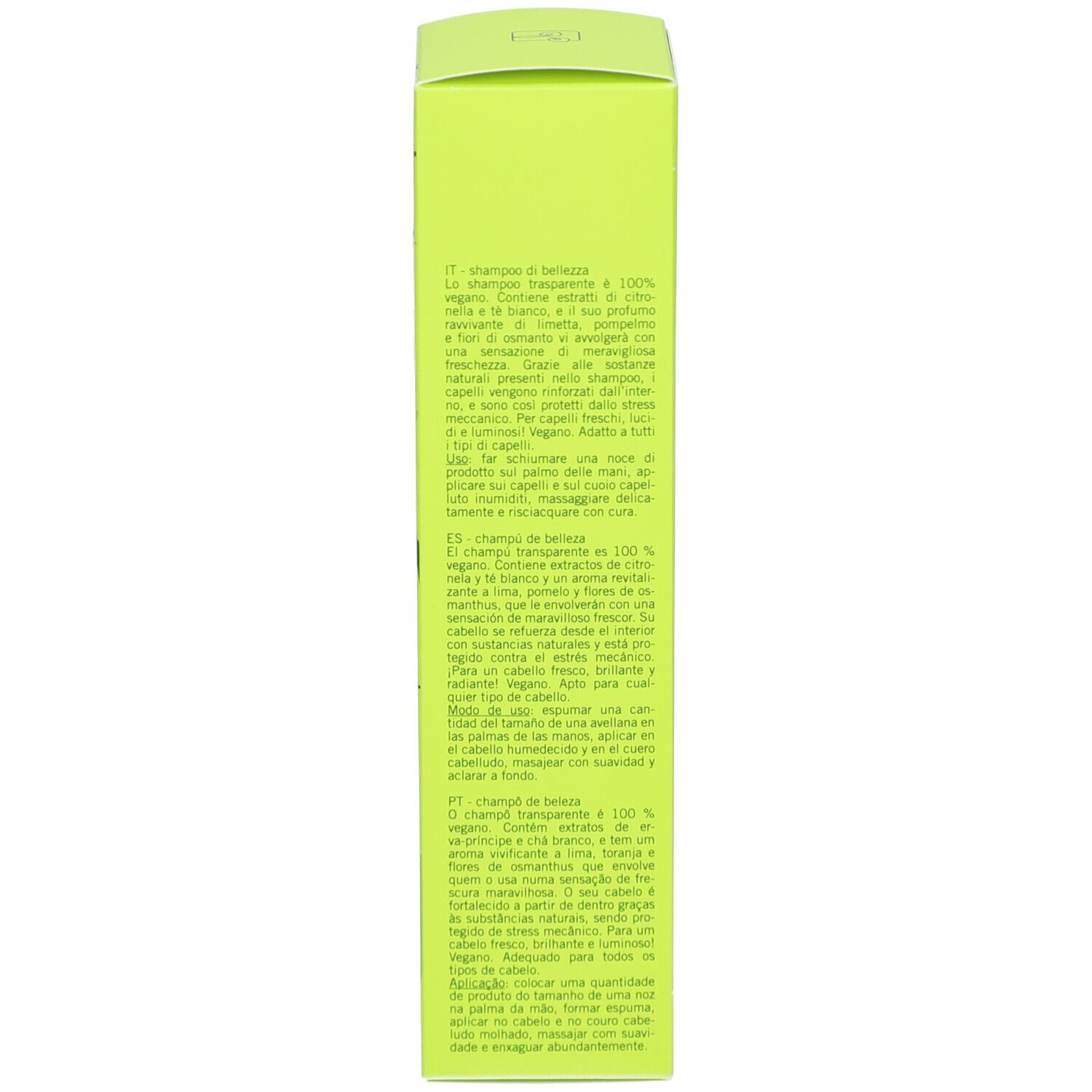 Scatola verde. Testo in italiano, spagnolo e portoghese. Informazioni sul prodotto.