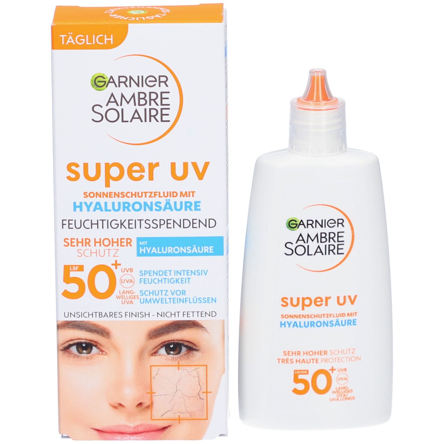 Garnier Ambre Solaire Super UV fluido solare e confezione. Testo: SPF 50+, acido ialuronico, idratante.