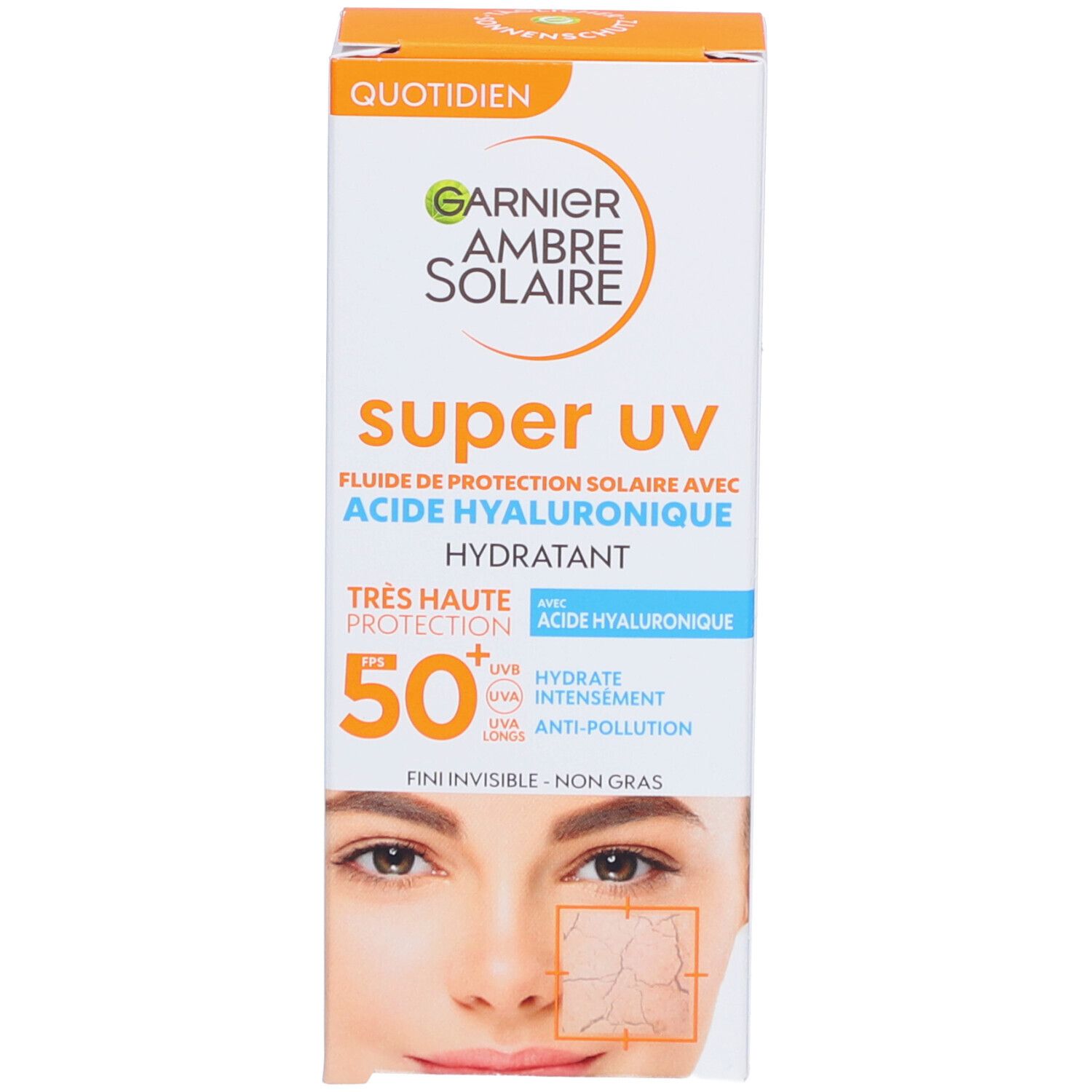 Confezione Garnier Ambre Solaire Super UV fluido solare. Testo: SPF 50+, acido ialuronico, idratante.