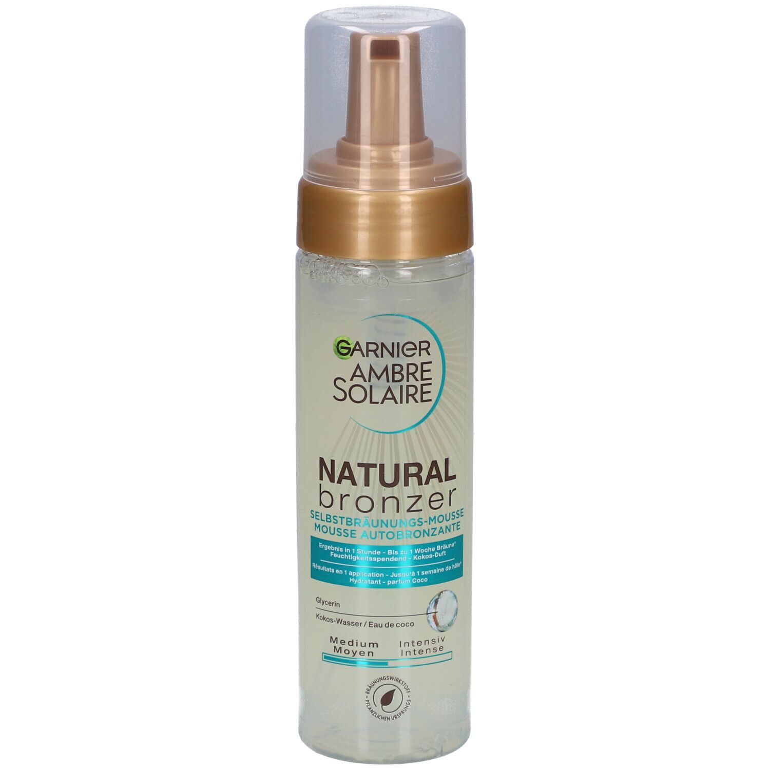 Flacone di mousse autoabbronzante. Garnier Ambre Solaire Natural Bronzer. Tonalità Medium. Liquido trasparente, erogatore dorato.