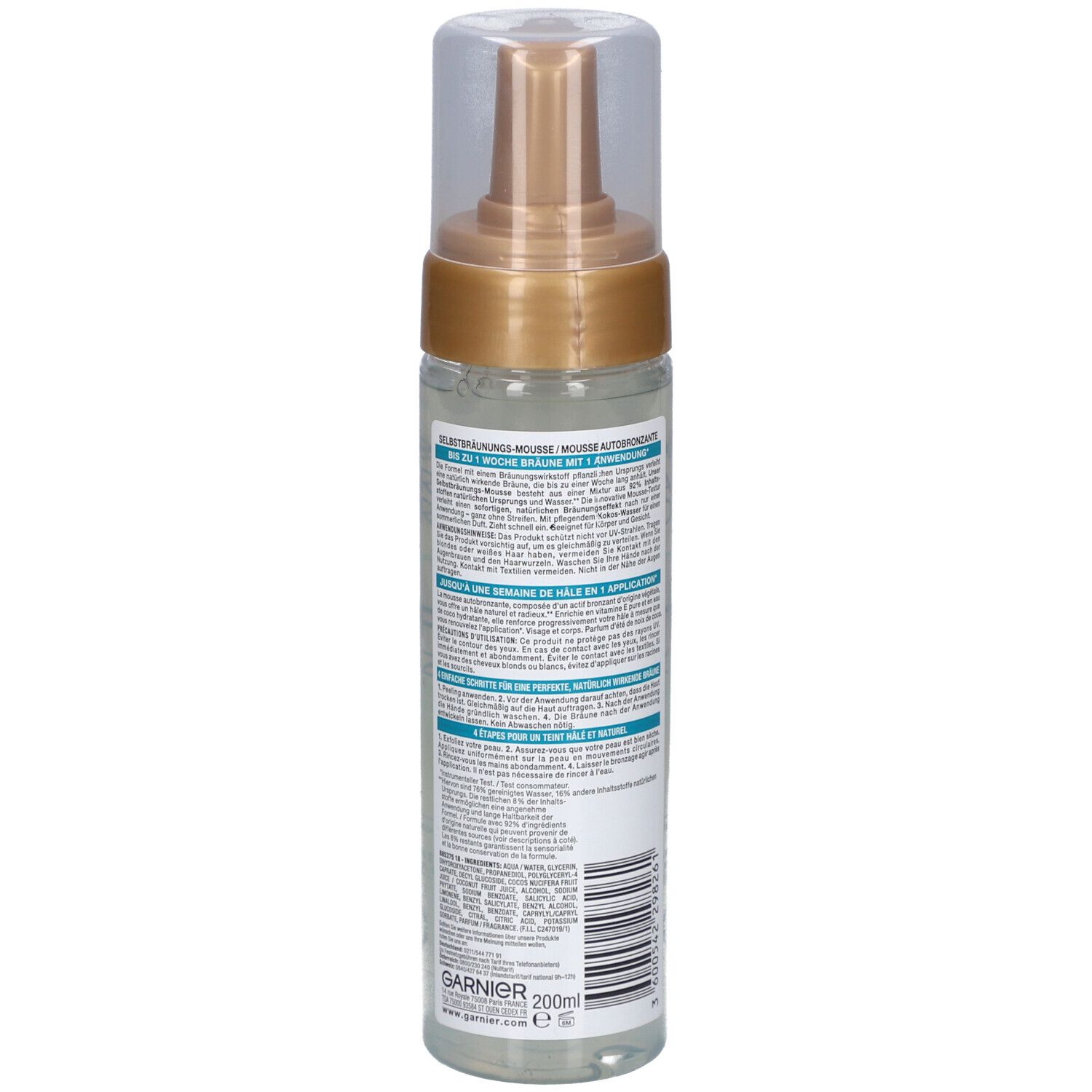 Retro del flacone di mousse autoabbronzante. Garnier Ambre Solaire. Testo sull'etichetta. 200 ml. Liquido trasparente.