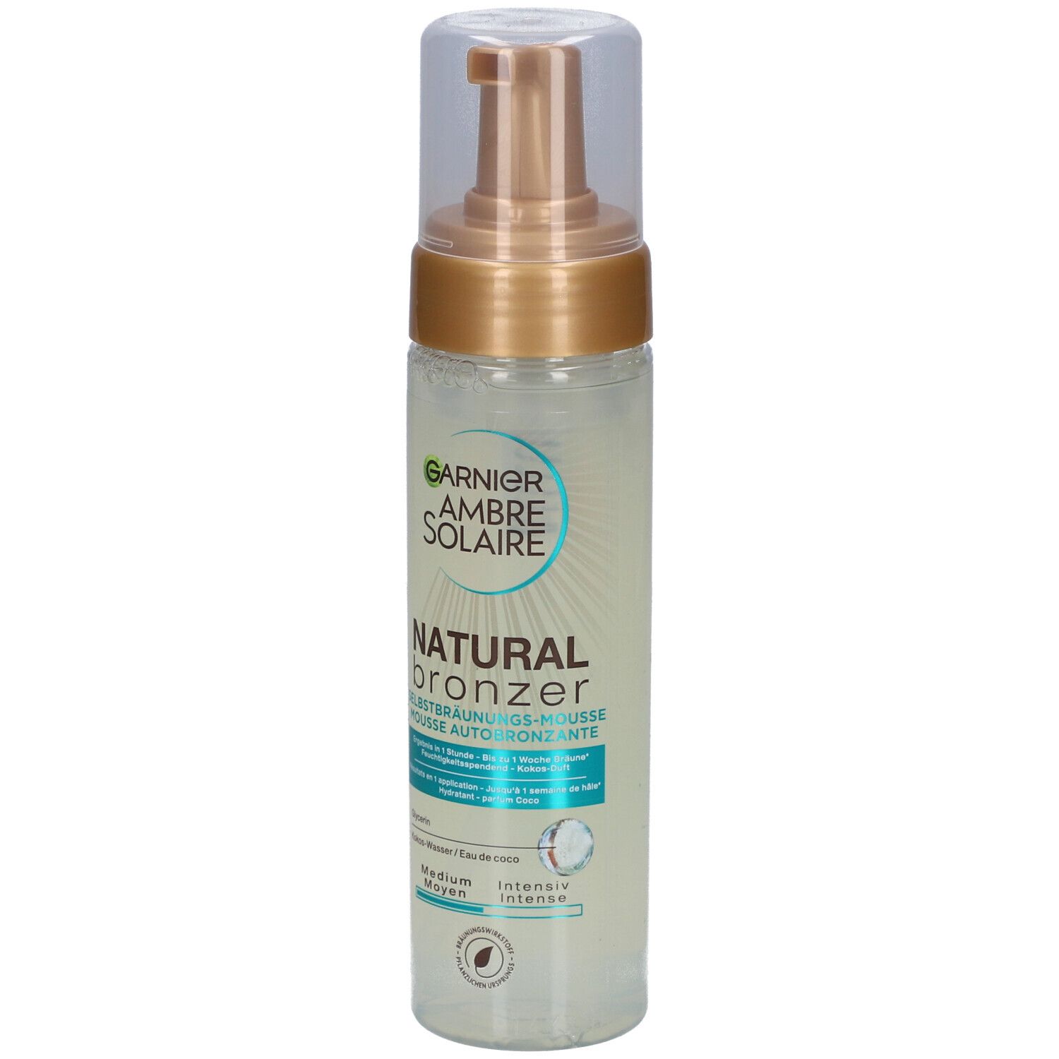 Flacone di mousse autoabbronzante. Garnier Ambre Solaire Natural Bronzer. Tonalità Medium. Liquido trasparente, erogatore dorato.
