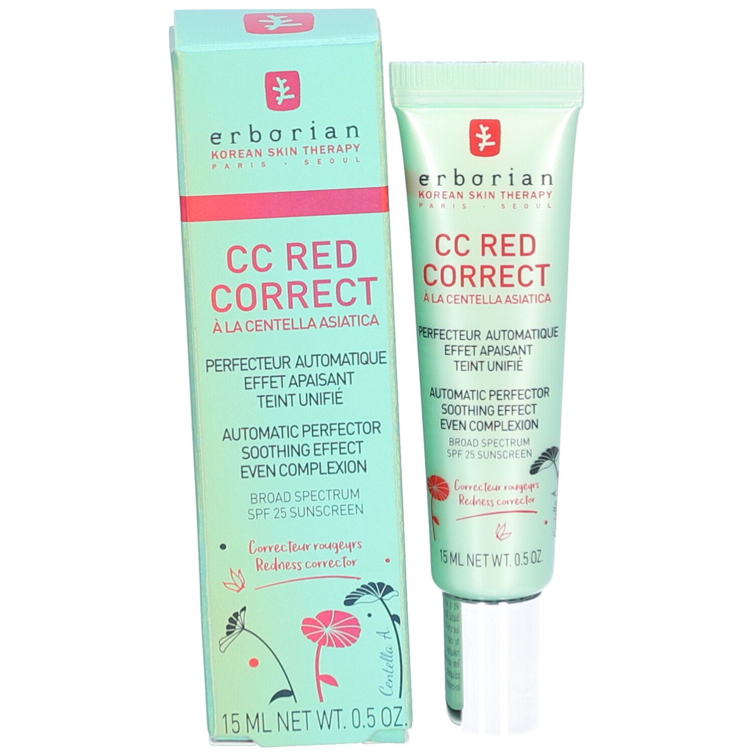 Confezione e tubo del prodotto. Scritta: CC Red Correct, Erborian. 15 ml. Con protezione solare SPF 25.