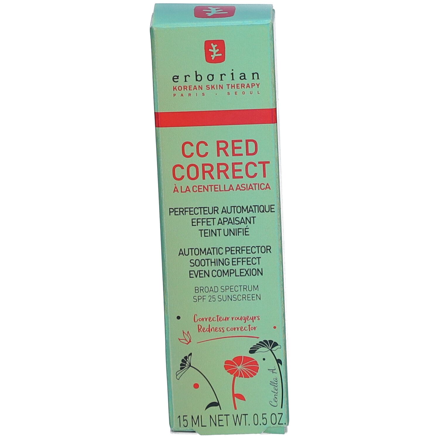 Confezione verde del prodotto. Scritta: CC Red Correct, Erborian. 15 ml. Con protezione solare SPF 25.