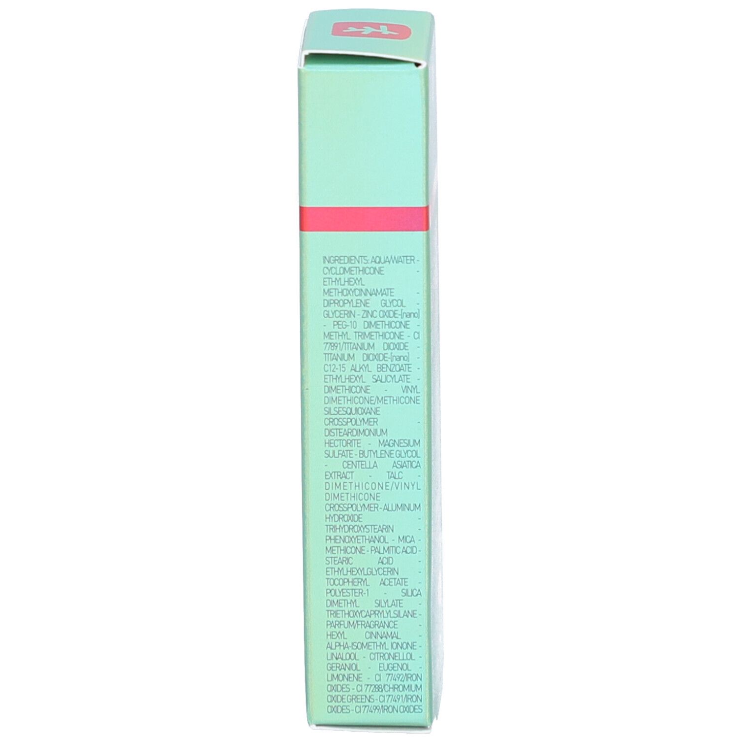 Lato della confezione verde del prodotto. Elenco degli ingredienti in inglese.