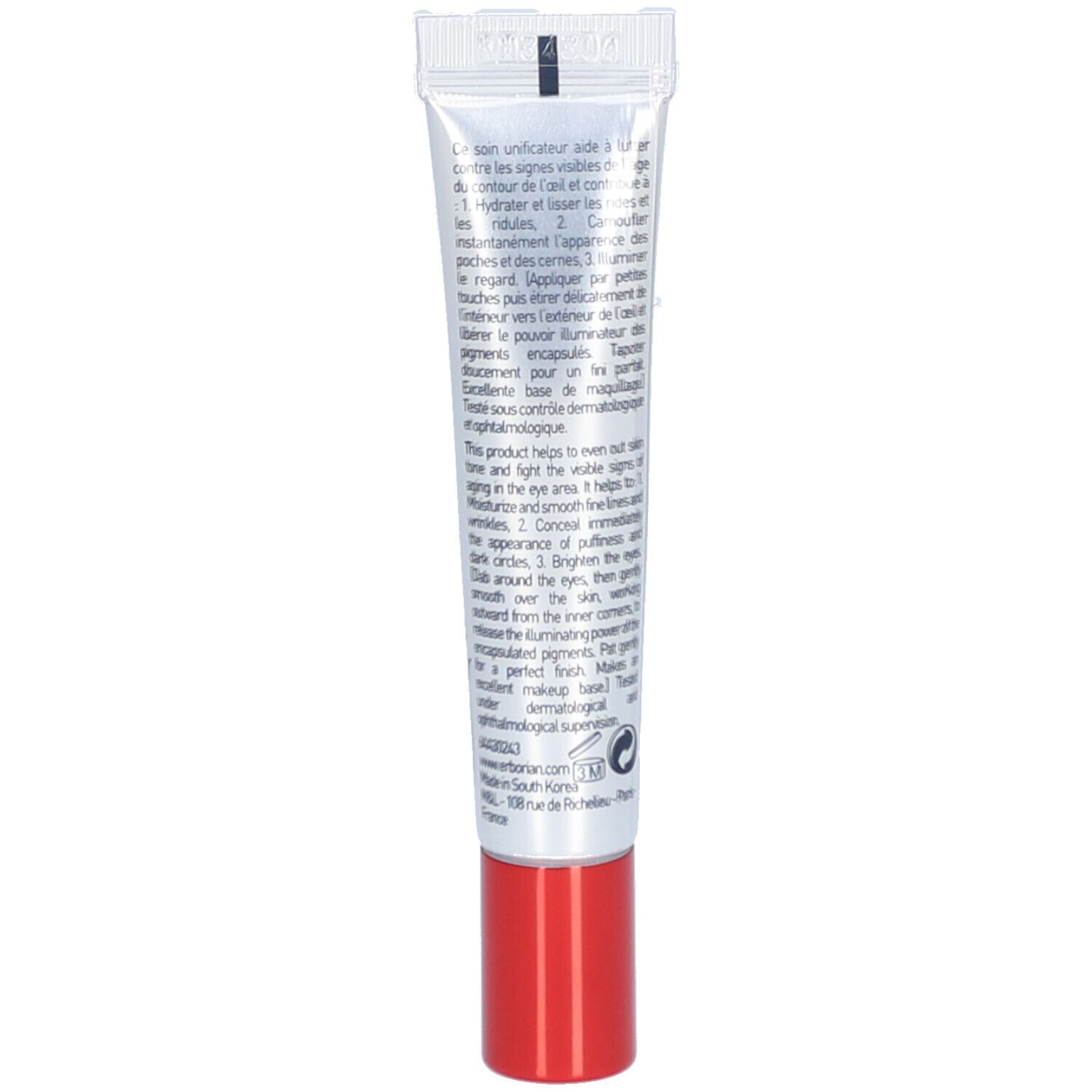 Retro del tubo di crema Erborian CC Eye. Testo multilingue. Tappo rosso.