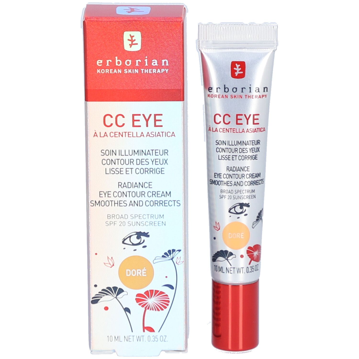 Crema Erborian CC Eye e confezione. Tubo e scatola. "Doré" sulla scatola e sul tubo.