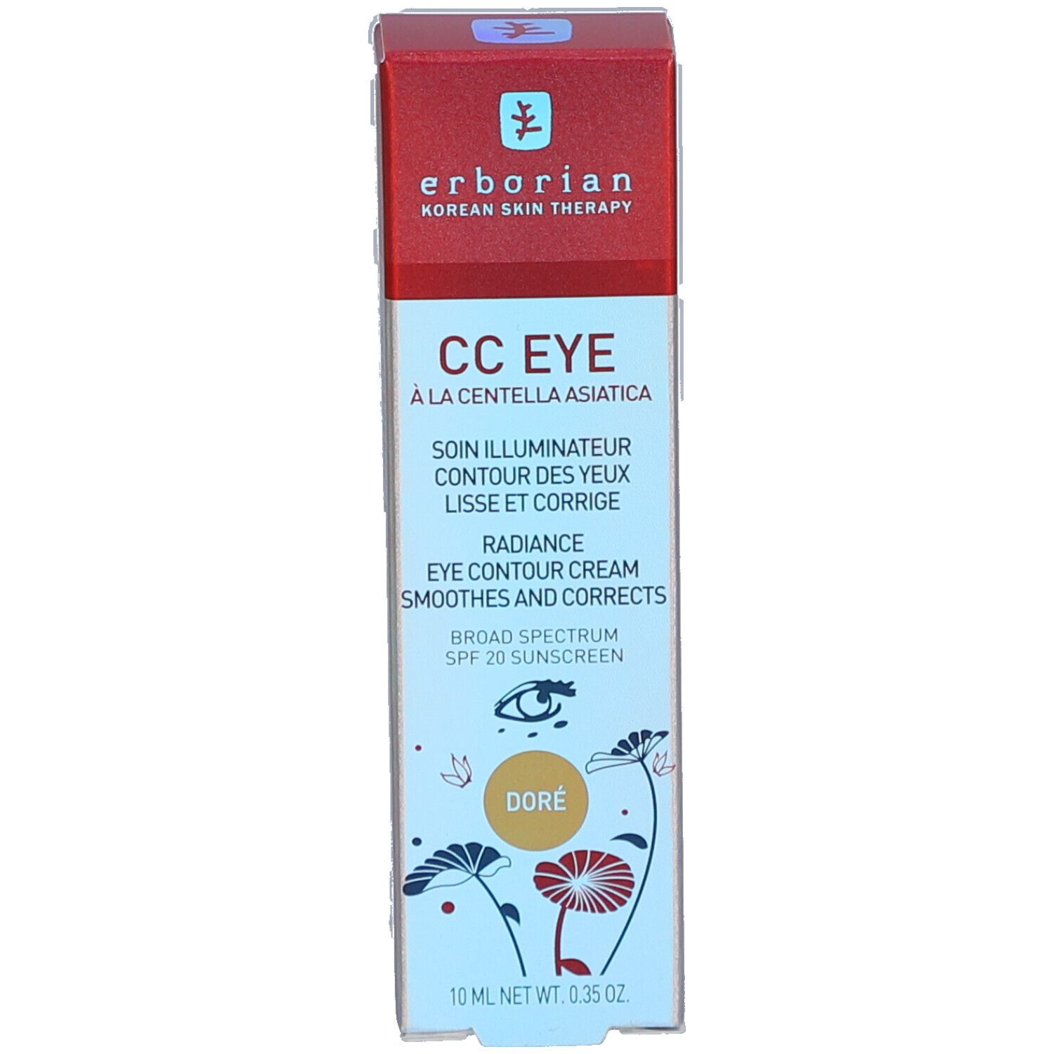 Confezione Erborian CC Eye. Scatola rossa con testo e logo. "Doré" sulla scatola.