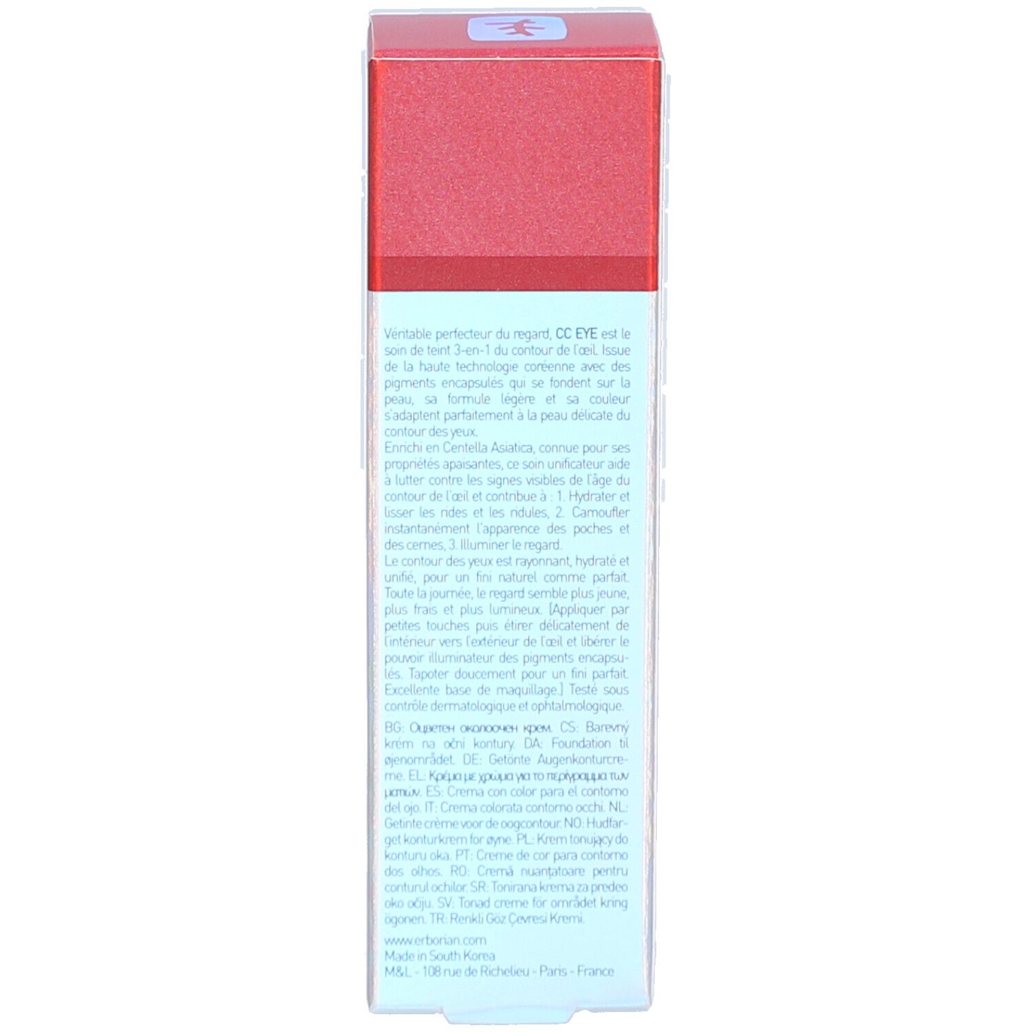 Lato della confezione Erborian CC Eye. Testo multilingue. Colori rosso e blu.