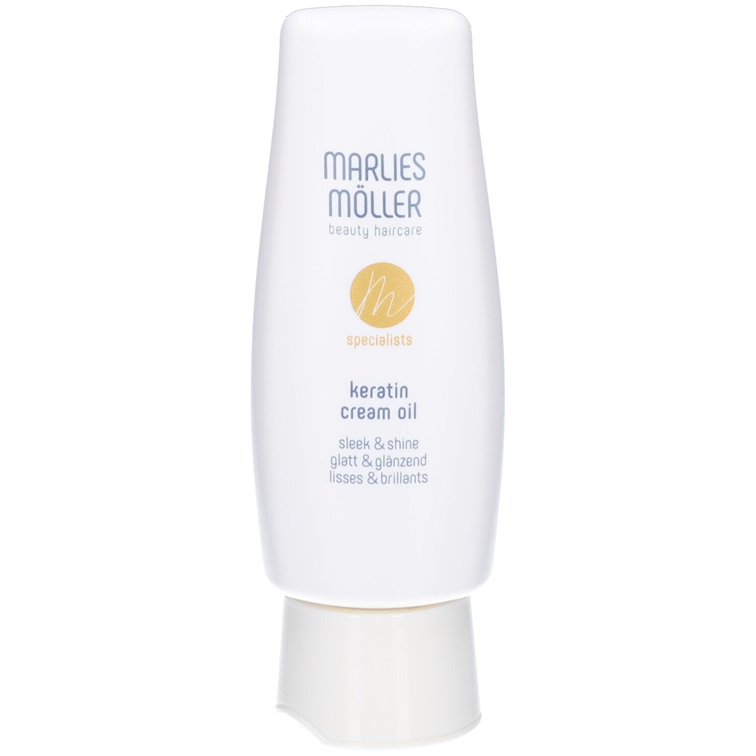 Flacone bianco con logo Marlies Möller e testo. Prodotto: Keratin Cream Oil. Testo: sleek & shine, glatt & glänzend, lisses & brillants.