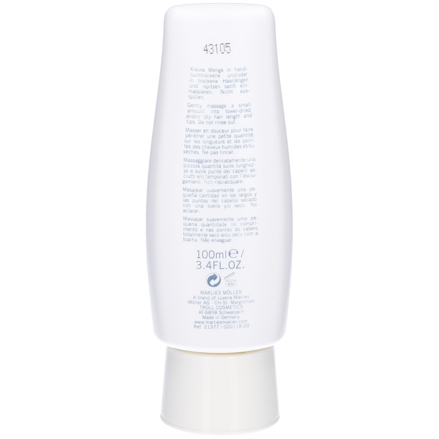 Retro di un flacone bianco. Testo: 100ml/3.4FL.OZ. e altre informazioni sul prodotto. Marchio: Marlies Möller.