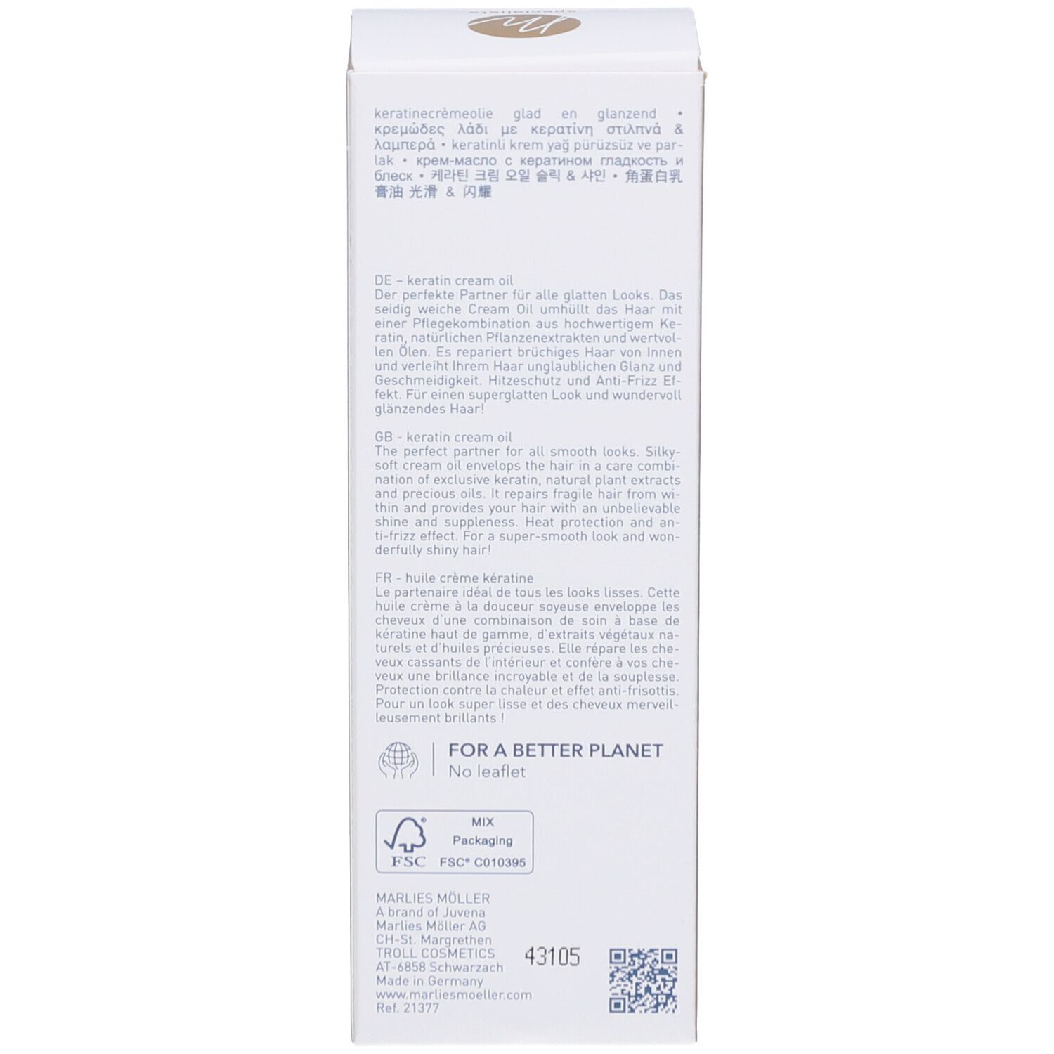 Lato della confezione del prodotto. Testo in più lingue. Marchio: Marlies Möller. Certificazione FSC.