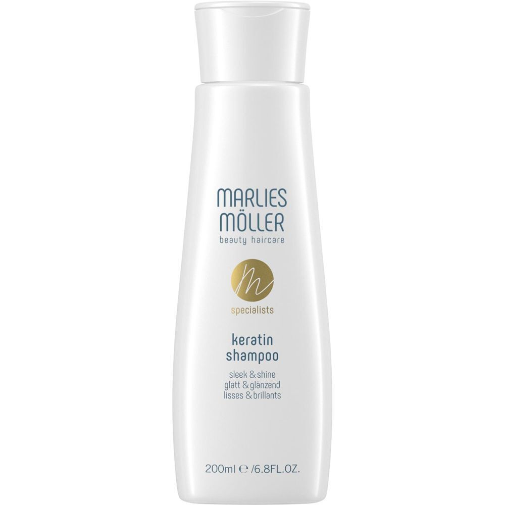 Flacone bianco di shampoo Marlies Möller Keratin. Scritta: Keratin Shampoo, sleek & shine, glatt & glänzend, lisses & brillants.